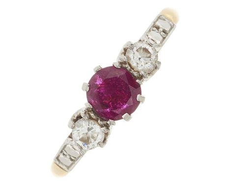 A mid 20th century, ruby and brilliant-cut diamond three-stone ring, estimated total diamond weight 0.20ct, band stamped Plat