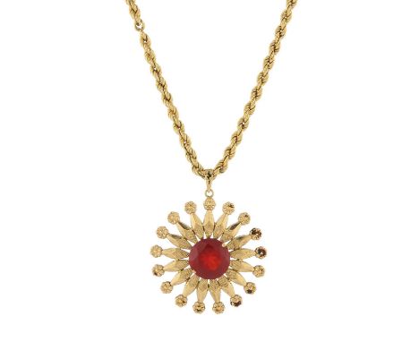 An 18ct gold fire opal floral starburst single-stone pendant, suspended from an 18ct gold rope-twist chain, opal measures app