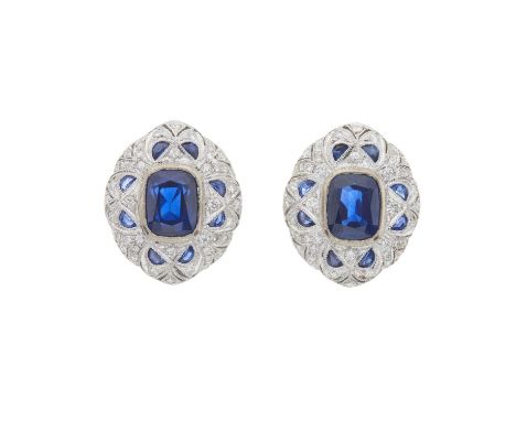 A pair of 18ct gold cushion-shape sapphire clip earrings, with fancy-shape sapphire and brilliant-cut diamond cluster surroun