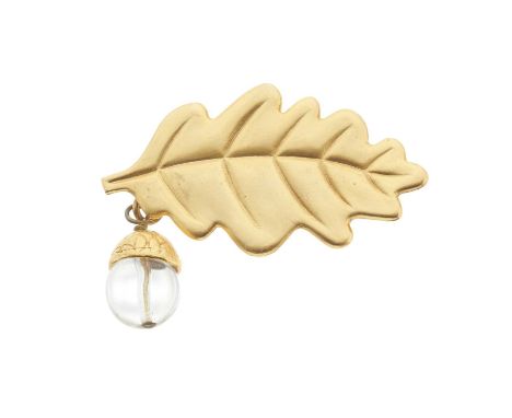 Ines De La Fressange, a vintage 1980s brooch, designed as an oak leaf with hanging clear acorn charm, signed, length measures