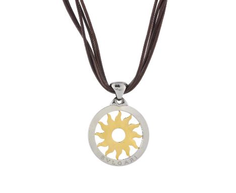 Bulgari, a vintage 18ct gold and stainless steel Tondo Sun pendant, on brown three-row cord, with lobster clasp, signed Bulga