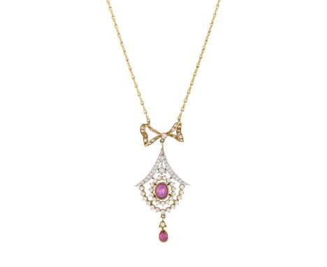 An 18ct gold ruby cabochon and brilliant-cut diamond drop pendant, with diamond bow surmount and integral chain, estimated to