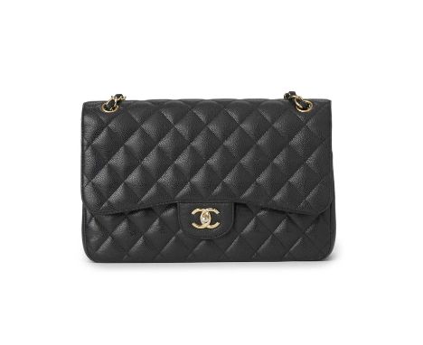 Chanel, a Jumbo Classic Double Flap handbag, featuring a black quilted caviar leather exterior, with polished gold-tone hardw