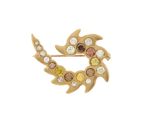 A 9ct gold coloured diamond and diamond abstract brooch, estimated total diamond weight 3.50ct, SI1-P2 clarity, hallmarks for