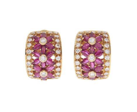 A pair of 18ct gold calibre-cut ruby and brilliant-cut diamond floral half hoop earrings, estimated total diamond weight 2.50