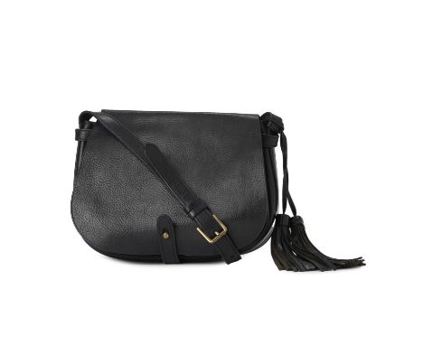 Ralph Lauren Polo, a black leather saddle bag, featuring a rear slip pocket, adjustable leather crossbody strap with detachab