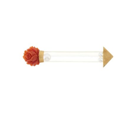 An 18ct gold rock crystal and cultured pearl arrow brooch, with carved coral flower terminal, mount stamped 750, length 9cm, 