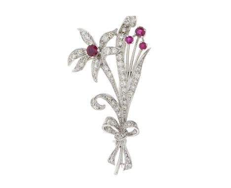 A mid 20th century ruby and single-cut diamond floral spray brooch, estimated total diamond weight 0.80ct, H-J colour, VS2-SI
