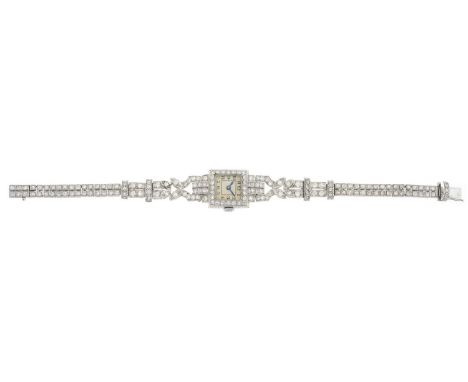 An Art Deco platinum single-cut diamond cocktail bracelet watch, manual wind movement signed Glycine, estimated total diamond