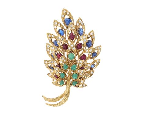 Vacheron Constantin, a mid 20th century 18ct gold emerald, ruby and sapphire cabochon foliate brooch, with single-cut diamond
