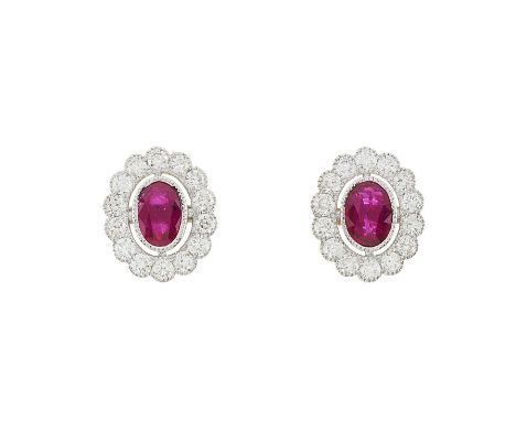 A pair of 18ct gold ruby and brilliant-cut diamond cluster earrings, estimated total ruby weight 1.20ct, estimated total diam