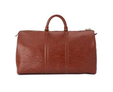 Louis Vuitton, a tan epi Keepall 50 luggage bag, featuring a tan textured leather exterior and smooth leather trim, with a si