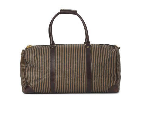 Fendi, a vintage holdall travel bag, crafted from tan and black striped coated canvas, with dark brown leather trim, rolled l