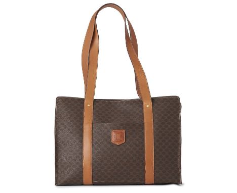 Celine, a vintage Macadam shopping tote, featuring maker's brown monogram coated canvas exterior with tan leather trim, front
