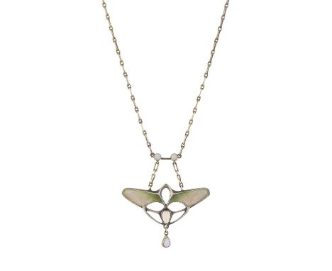 A Jugendstil silver opal cabochon and polychrome enamel pendant, with opal cabochon accent surmount and integral chain, penda
