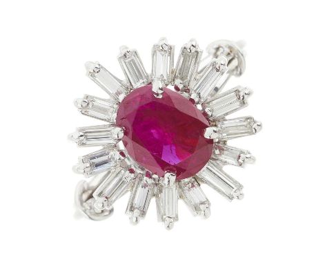 A mid 20th Burmese ruby and rectangular-shape diamond floral cluster ring, with report from GCS, stating ruby weight 1.61ct, 
