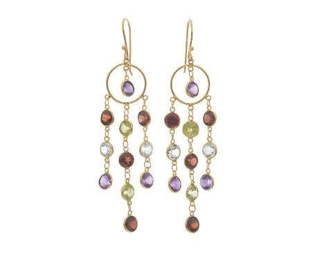 A pair of gold peridot, amethyst, garnet and blue topaz chandelier drop earrings, length 5.6cm, 2.5gOverall good conditionLig