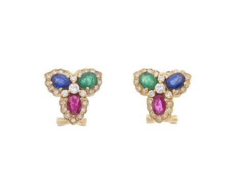 A pair of 18ct gold sapphire, ruby, emerald and brilliant-cut diamond cluster earrings, estimated total diamond weight 0.75ct