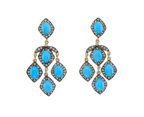 A pair of 14ct gold and silver, turquoise and diamond chandelier drop earrings, estimated total diamond weight 2.70ct, mounts
