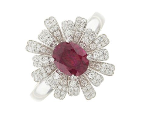 An 18ct gold unheated Burmese ruby and brilliant-cut diamond floral dress ring, with report by IGI, stating ruby weight 1.28c