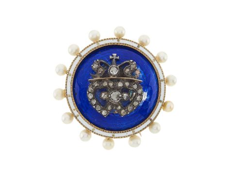A late 19th century gold vari-hue enamel seed pearl brooch, with rose-cut diamond crowned double heart overlay, length 2.5cm,