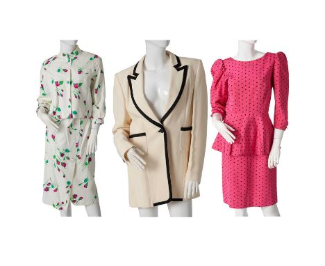 A selection of vintage designer clothing, to include a floral cotton skirt suit by Dominique Girardeau Paris, a cream and bla