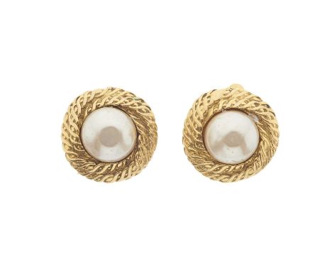 Chanel, a pair of clip-on earrings, featuring an imitation pearl to the centre and textured gold-tone surround, signed Chanel