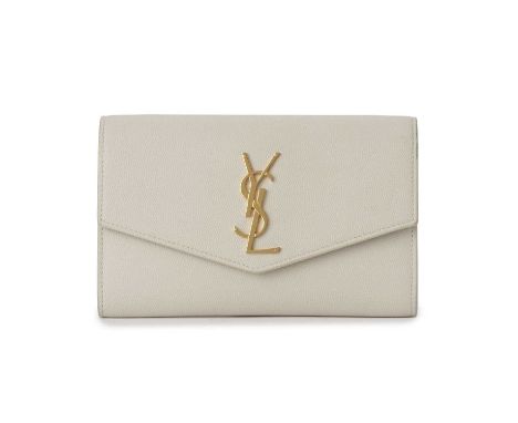 Yves Saint Laurent, an envelope chain clutch w/card holder, designed with a cream-grained leather exterior, featuring the mak