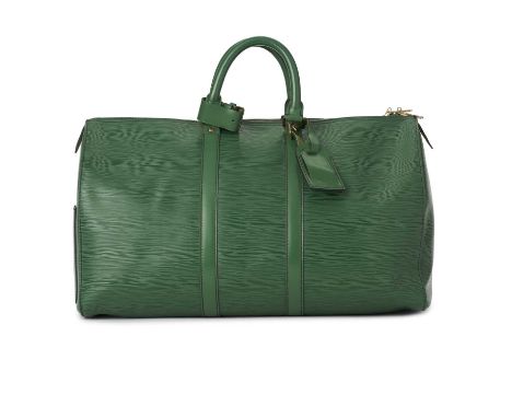 Louis Vuitton, a green epi Keepall 45 luggage bag, featuring a green textured leather exterior and smooth leather trim, with 