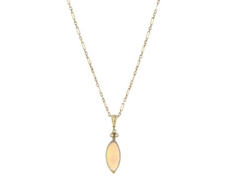 An early to mid 20th century 15ct gold opal cabochon and split pearl trefoil pendant, with a 9ct gold chain of similar age, o
