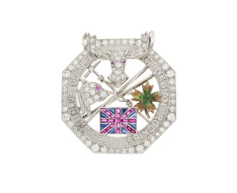 Cartier, a platinum brilliant-cut diamond brooch for The Ski Club of the Canadian Rockies, with calibre-cut sapphire and ruby