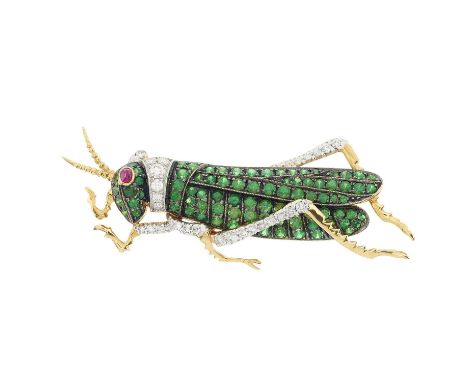 Eli Frei, an 18ct gold green garnet and brilliant-cut diamond grasshopper brooch, with ruby cabochon eye detail, signed Frei,