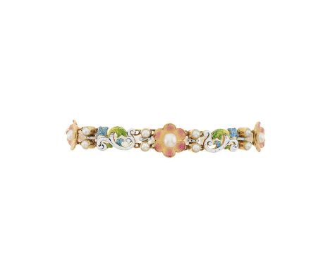 An early 20th century gold, polychrome enamel and pearl floral and foliate bracelet, length 17cm, 14gOverall good conditionEn