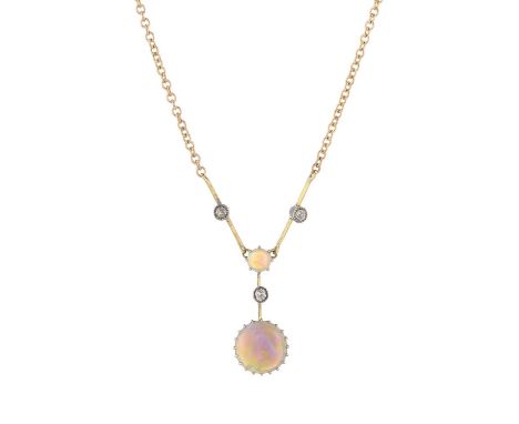 An early 20th century gold, opal cabochon and old-cut diamond drop pendant, with integral belcher-link chain and barrel clasp
