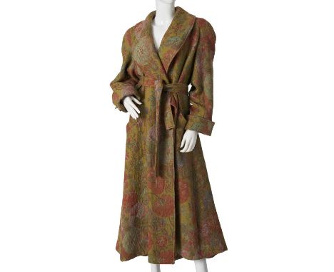 Kenzo, a 90s full-length floral tapestry coat, featuring a lapel collar, two outer pockets and a belt fastening, labelled Ken