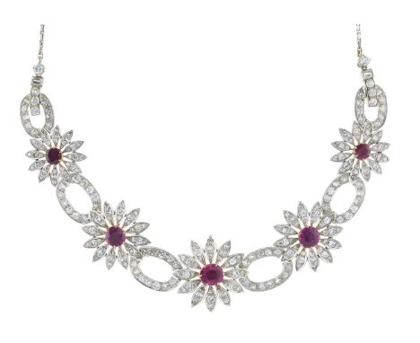 A mid 20th century Burmese ruby and circular-cut diamond floral necklace, with rectangular-shape diamond double accent and ci