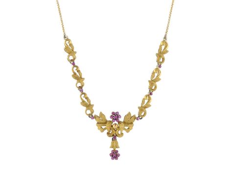 Cropp &amp; Farr, an 18ct gold ruby floral cluster necklace, maker's marks for Cropp &amp; Farr, mount stamped 750, length 40