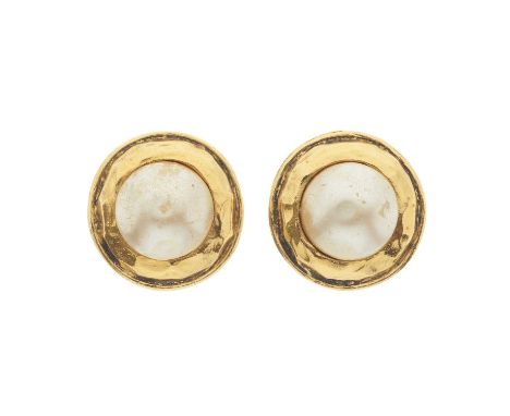 Chanel, a pair of clip-on earrings, featuring an imitation pearl to the centre and a lightly textured gold-tone surround, sig