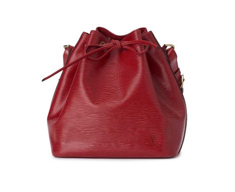 Louis Vuitton, a red epi Petite Noe handbag, crafted from red textured epi leather, with a leather drawstring closure, flat a