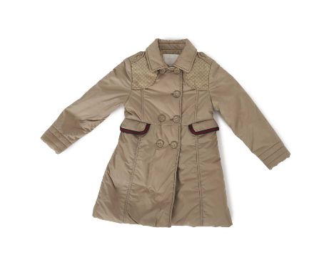 Gucci, a child's coat, featuring a beige nylon shell, red and green striped trim, double-breasted front button fastening and 