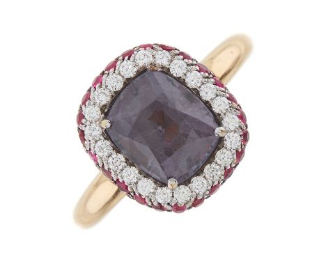 An 18ct gold cushion-shape purple gem and brilliant-cut diamond cluster dress ring, with pave-set ruby gallery, principal gem