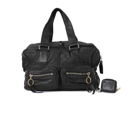 Chloe, a black leather Betty handbag w/purse, featuring two-tone hardware, flat top handles, four outer zip pockets, top zip 