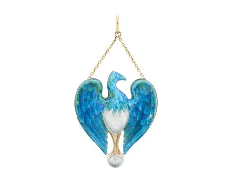 Child &amp; Child, a rare Art Nouveau silver and gold, polychrome enamel phoenix bird pendant, with counter enamelled reverse