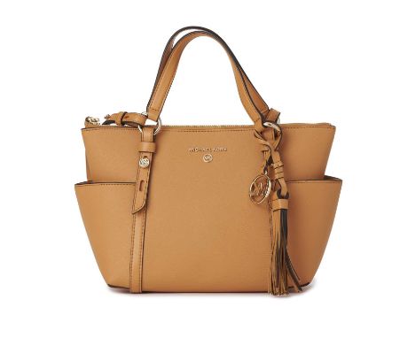 Michael Kors, a small Sullivan handbag, crafted from tan saffiano leather, with polished gold-tone hardware, featuring two op