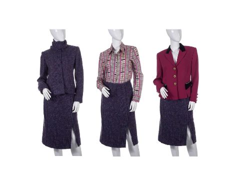 A selection of ladies designer clothing, to include a purple boucle wool outfit by Guy Laroche, comprising a collarless jacke