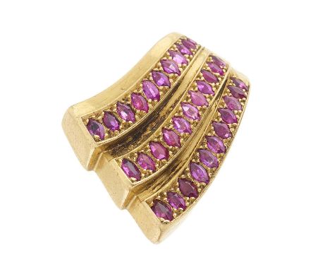 A 1940s 18ct gold marquise-shape ruby cocktail dress ring, French assay marks, ring size H, 16gOverall good to fair condition