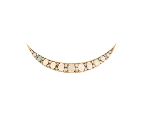 A late Victorian gold graduated opal cabochon crescent brooch, with old-cut diamond double spacers and yellow metal safety ch