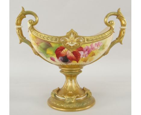 ROYAL WORCESTER TWIN HANDLED PEDESTAL CENTREPIECE hand painted with Autumnal berries and foliage by Kitty Blake, signed to th