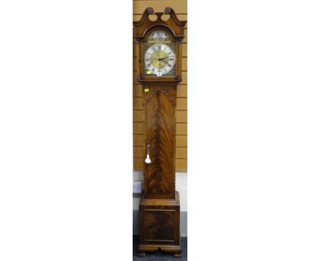 MODERN DWARF MUSICAL LONGCASE CLOCK having a brass dial, movement striking on eight gongs, back of case stamped 'W M Abbott',