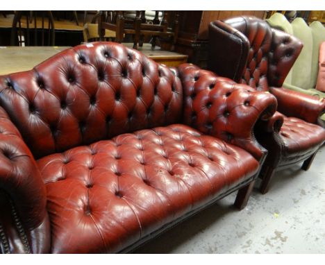 MATCHED GEORGIAN STYLE LEATHER BUTTON BACK SOFA &amp; WING BACK ARMCHAIR